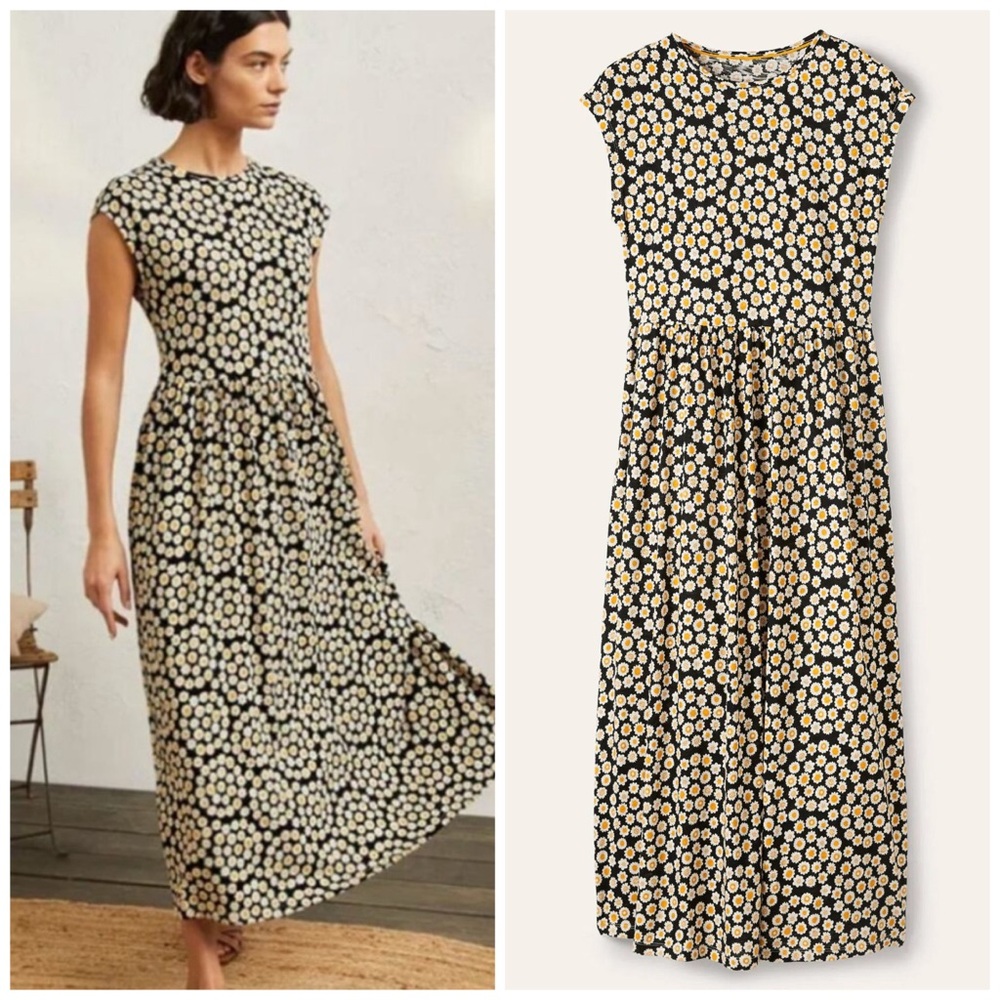 Boden Black and Yellow Daisy Print Cap-Sleeve Maxi Dress